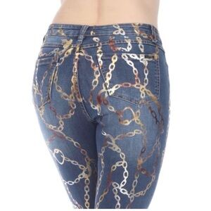 Joseph Ribkoff Metallic Chain Print Skinny Jeans NWOT Size 8 Gold Blue
